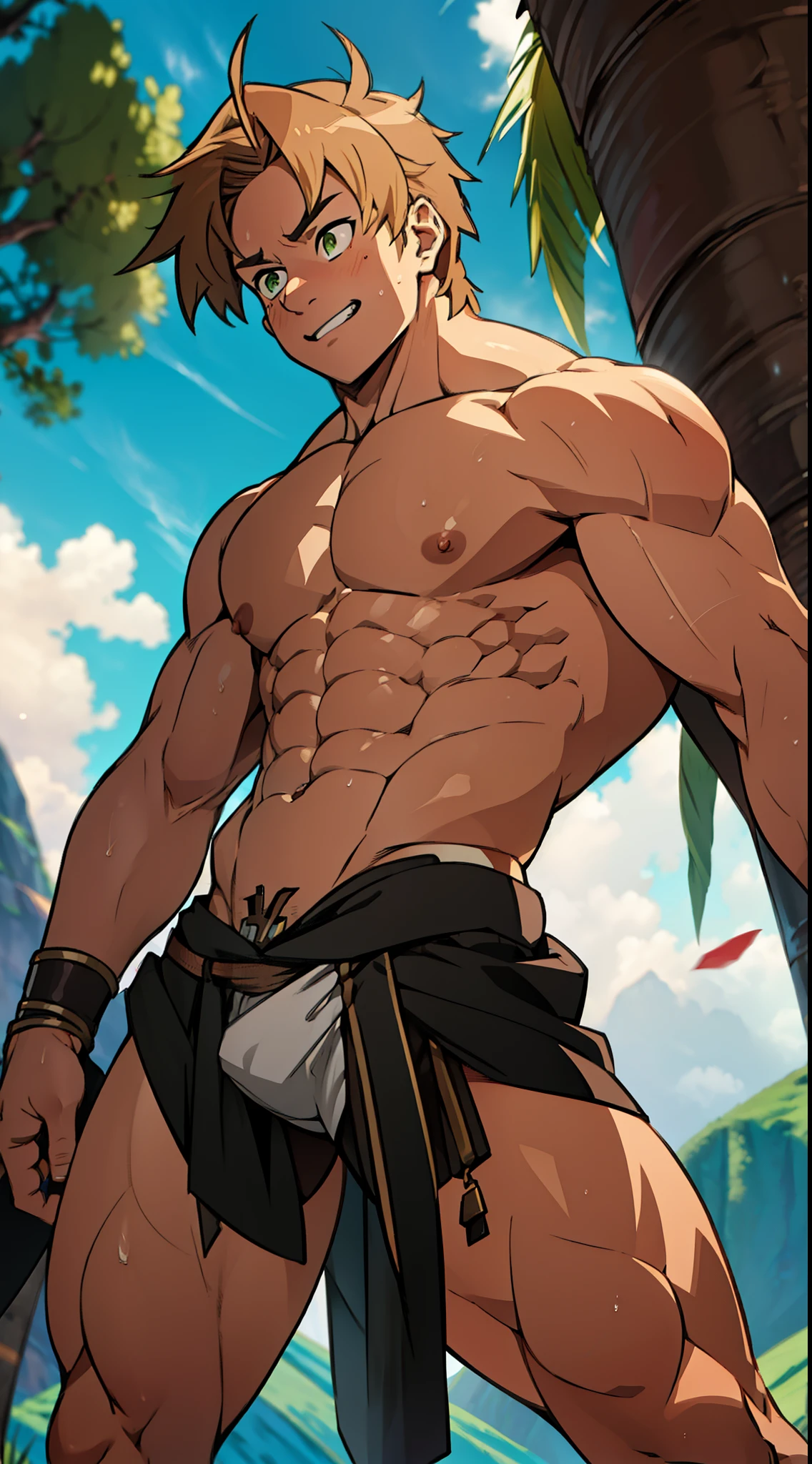 Side view, red skin, bright red skin, the boy blushed shyly , rosy skin, shiny skin(muscular thigh muscles )( anime style, art) (photo angle from bottom up) (photo angle from the ground upwards) [Anime photo][highest quality photo][4k,HD photo quality ] wear tight and short loincloths ,the loincloth bulges due to the erect male genitals (muscular thigh muscles, firm thigh muscles, muscular thigh muscles, sinewy thigh muscles, giant thigh muscles, strong leg muscles, muscular hamstring leg muscles)(thigh muscles bulging as if about to explode, muscular, calloused, sinewy, giant) , Rudeus Greyrat,fun, happy,bodybuilder,bodybuilding, standing, lots of sweat flowing down, topless, shirtless, hot sunny, 8 pack abs , short hair , green eyes, One hand behind the head.
