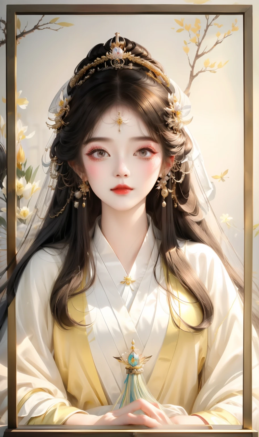 One wearing a golden dress、Close-up of woman wearing tiia hat, beautiful fantasy queen, ((beautiful fantasy queen)), chinese princess, palace ， A girl wearing Hanfu, Inspired by Qiu Ying, Princess of the Asian Dynasty, Inspired by Du Qiong, Inspired by Lan Ying, Chinese art style, Hungry Ghost Festival