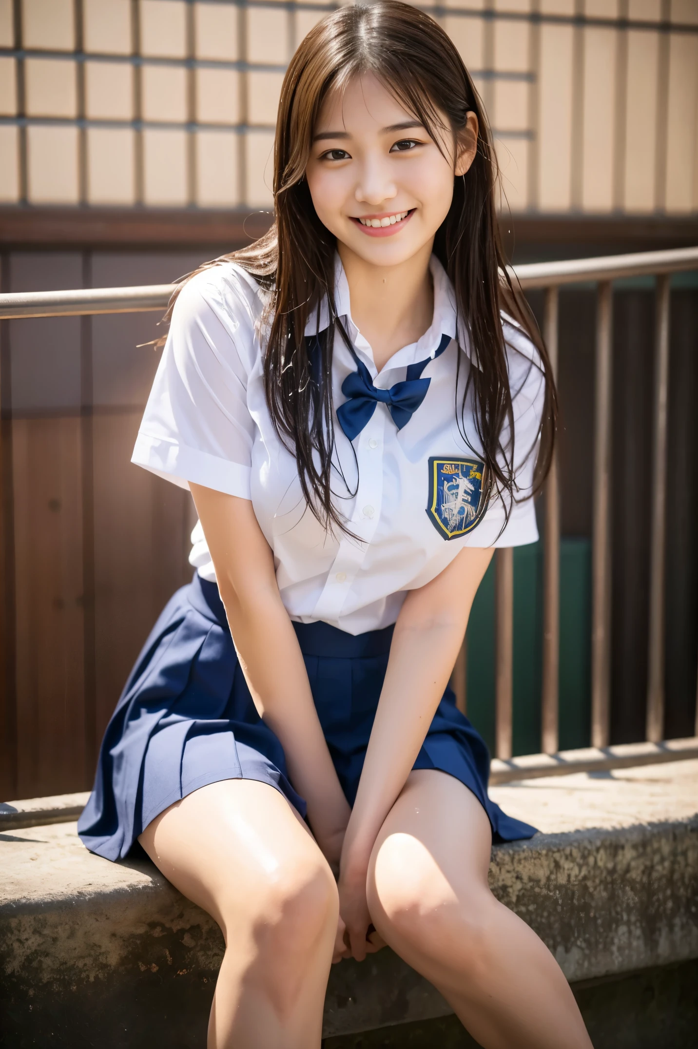 (8K), (Best Quality: 1.2), (Realistic), (Photorealistic: 1.37), Ultra High Definition, 1 Girl, Cute, Smile, Closed Mouth, Beautiful Details, Beautiful Nose, Full Body, Wet Hair, Colossal Dalsefo, Pork, School Uniform, Thighs