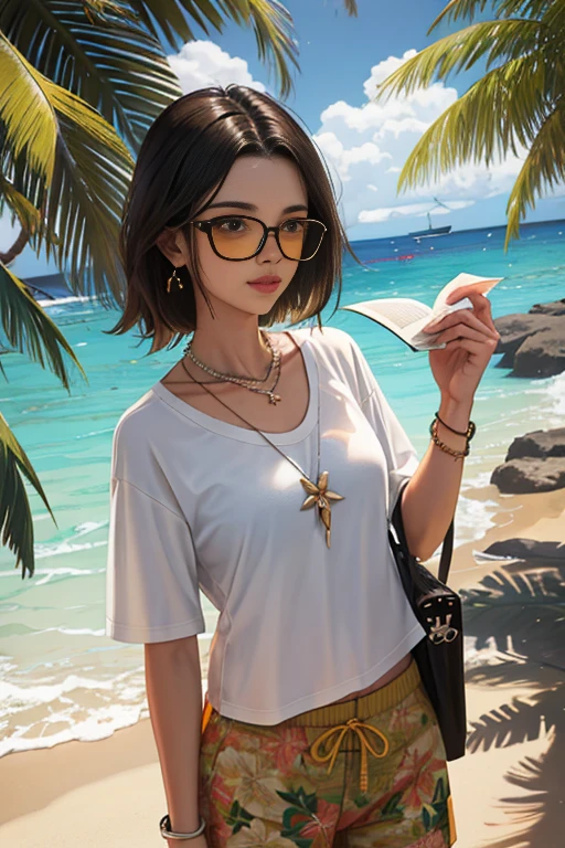 obra de arte, melhor qualidade, Collie dog with open unbuttoned Hawaiian floral style t-shirt, wearing seed necklace around neck, wearing 3 d glasses, ar livre, Capa de revista ,tronco,