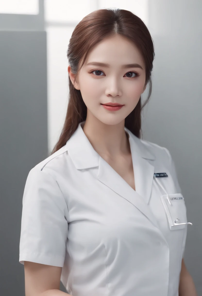 《AI role》。(((Virtual character design:Heart doctor。female,20 years old,Exquisite facial features,Beautiful makeup,Skin details,Smile,Body movements)))。((White technological nurse uniform))。((Super realistic details)), illumination, shadow and light, octane rendering, 8k, Super sharp,complex, Accessories details,Atmosphere