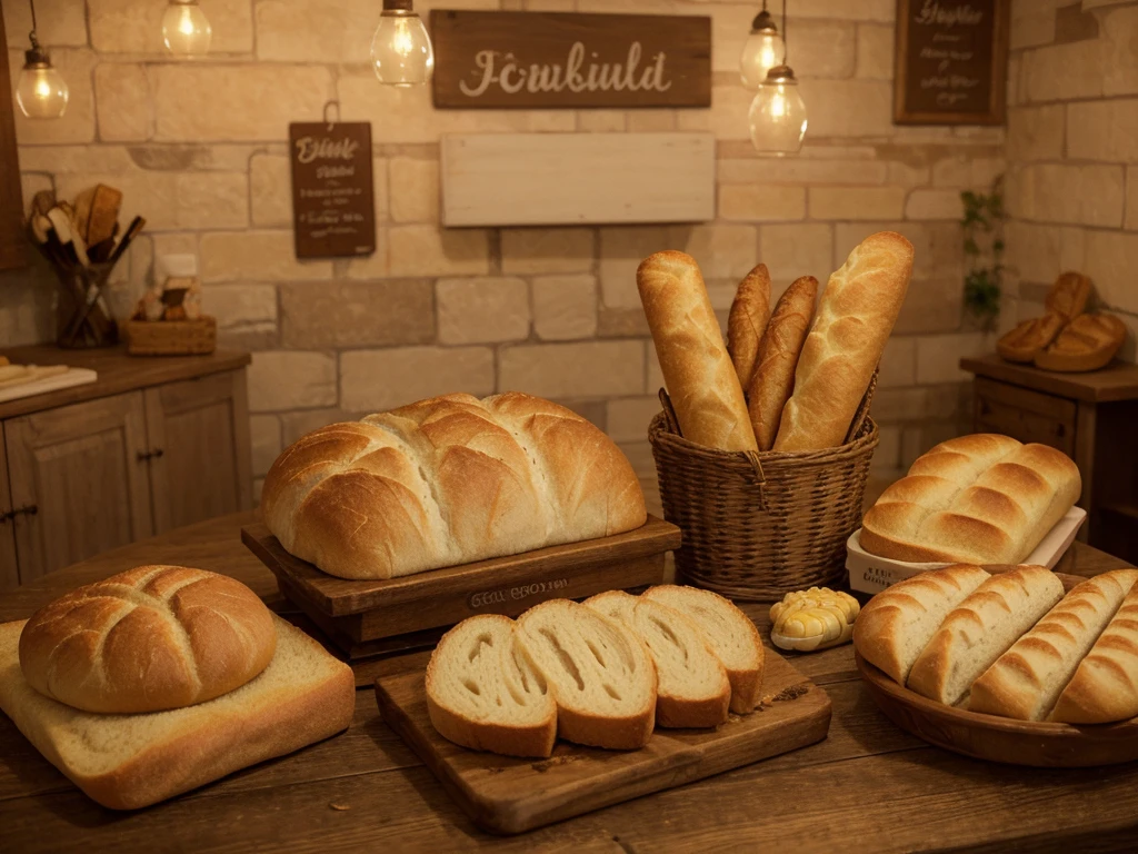 A variety of bread and baked goods, including different types of bread such as rolls, baguettes, and sliced bread. There are also ears of corn among the bread. The bread is displayed in an enticing and appetizing manner. The baked goods have a fresh and crispy texture, with a golden brown crust. The bread is beautifully arranged on a rustic wooden table, creating a warm and inviting atmosphere. The lighting is soft and enhances the natural colors and textures of the bread. The scene is captured with high resolution, allowing for detailed and realistic depiction of the bread and baked goods. The colors are vibrant and the photo has a slight warm tone, giving it a cozy and comforting feel.