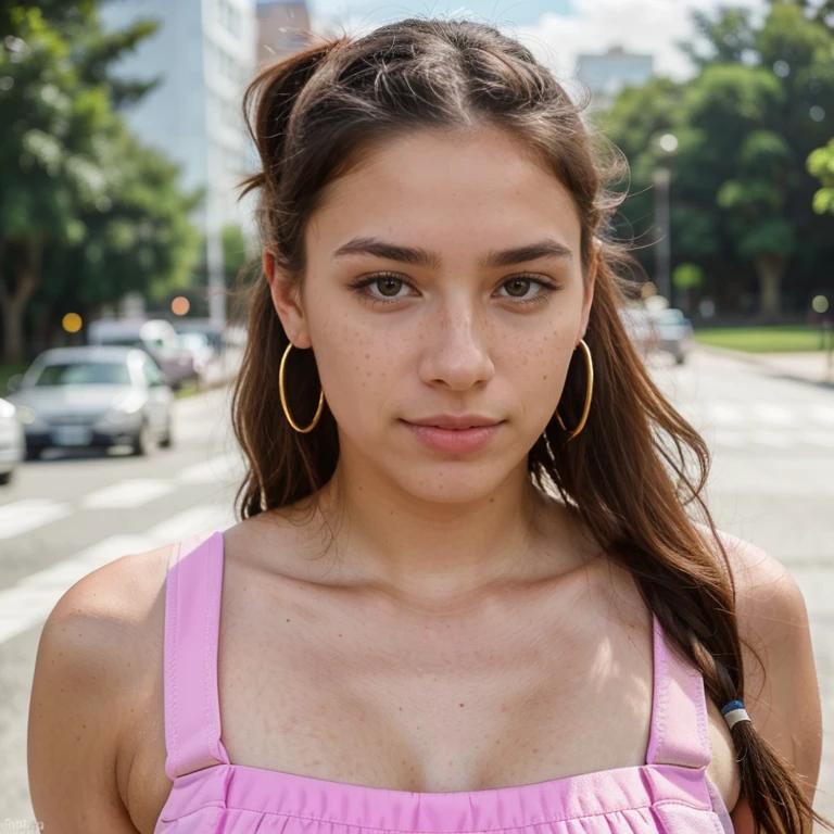 23-year-old hyper-realistic Latin girl with freckles, mood selfie for instagram, Ultra Definition, (photoreallistic: 1.4), 8k, calidad premier, fondos detallados, cara delicada, maquillaje natural, foto raw, iphone, HDR, Coqueteando con el espectador, long ponytail, pink overalls, studs, sneakers, detailed skin, medium shot, upper body, detailed background