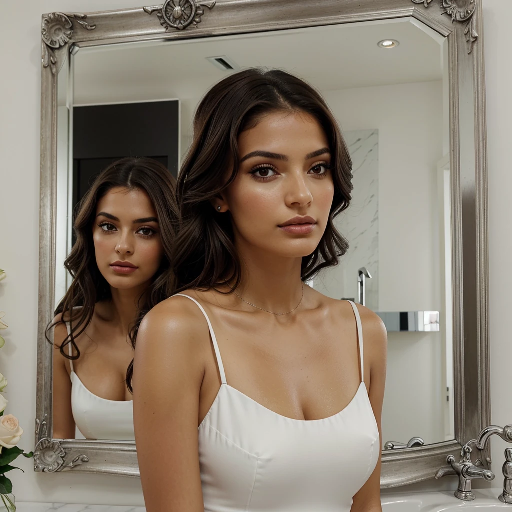une femme brune, Latina, 30 ans, cheveux noir long, peignoir de marque Louis Vuiton, maquillage Dior, salle de bain avec miroir, lumières tamisées, mains parfaites, pieds parfaits, visage parfait, ultra réaliste