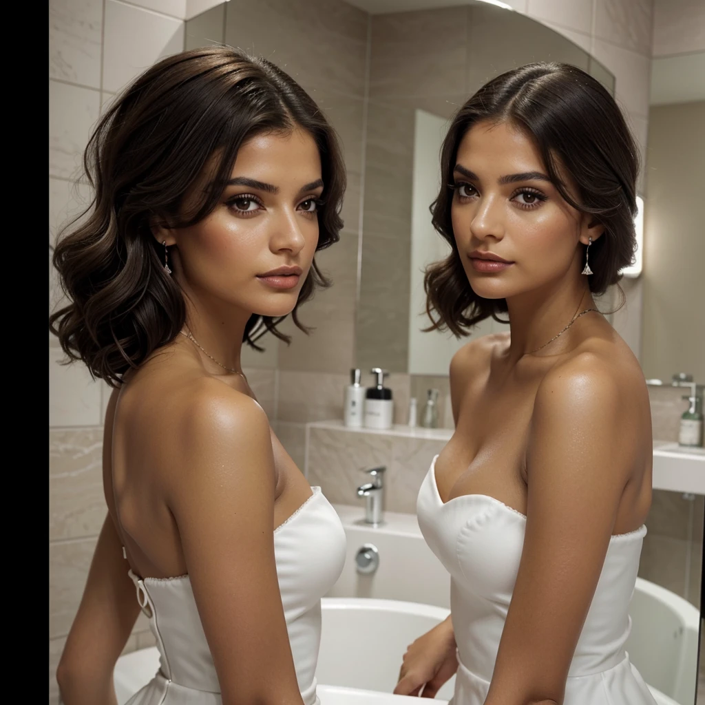 une femme brune, Latina, 30 ans, cheveux noir long, peignoir de marque Louis Vuiton, maquillage Dior, salle de bain avec miroir, lumières tamisées, mains parfaites, pieds parfaits, visage parfait, ultra réaliste