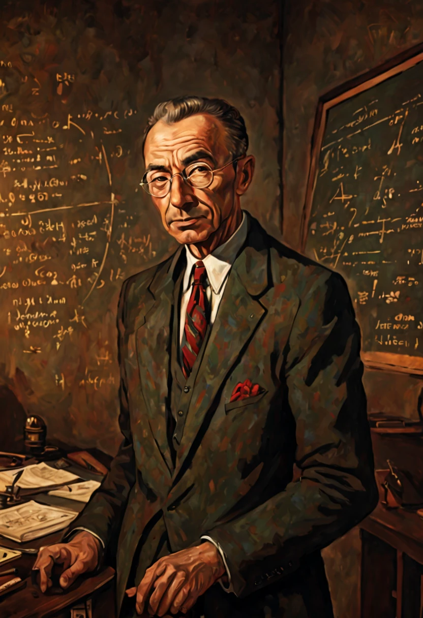 best quality,portrait's painting style,ultra-detailed,realistic colors,high-res, Robert Oppenheimer,eminent physicist,detailed face and expression,serious gaze,T-shaped glasses,beard and mustache,shadowy lighting, 1940s attire,tweed jacket and bow tie,background with scientific symbols and equations,vibrant and contrasted colors, oil painting effect,meticulous brushstrokes,aged canvas texture, intense and dramatic atmosphere,captures the complexity of Oppenheimer's character and contributions to the atomic bomb, inspires sadness and reflection, visible drawing lines, black formal suit and blazer, young adult oppenheimer (around 26 years)