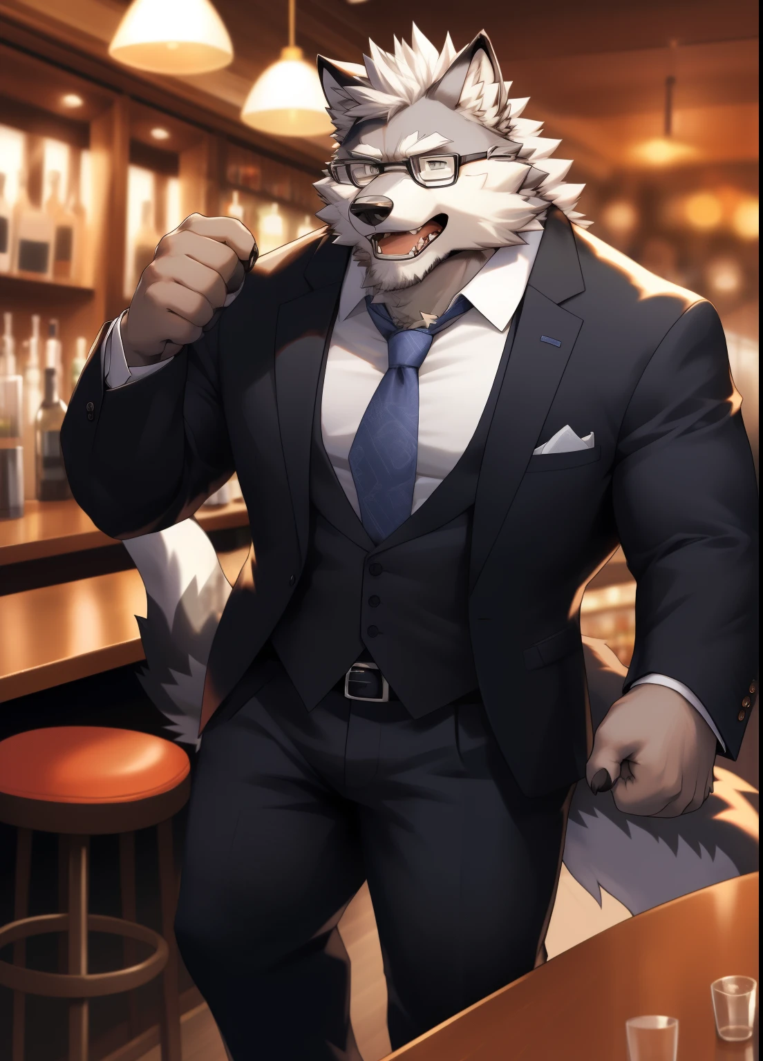 hairy,((Wolf,Suit)),white fur,male,Common,full body picture((极其lifelike阴影,masterpiece,Very detailed,lifelike)), ((Cat)),dynamic poses,((极其lifelike背景,masterpiece,Very detailed,lifelike)),Black-rimmed glasses,bar,bar服务生