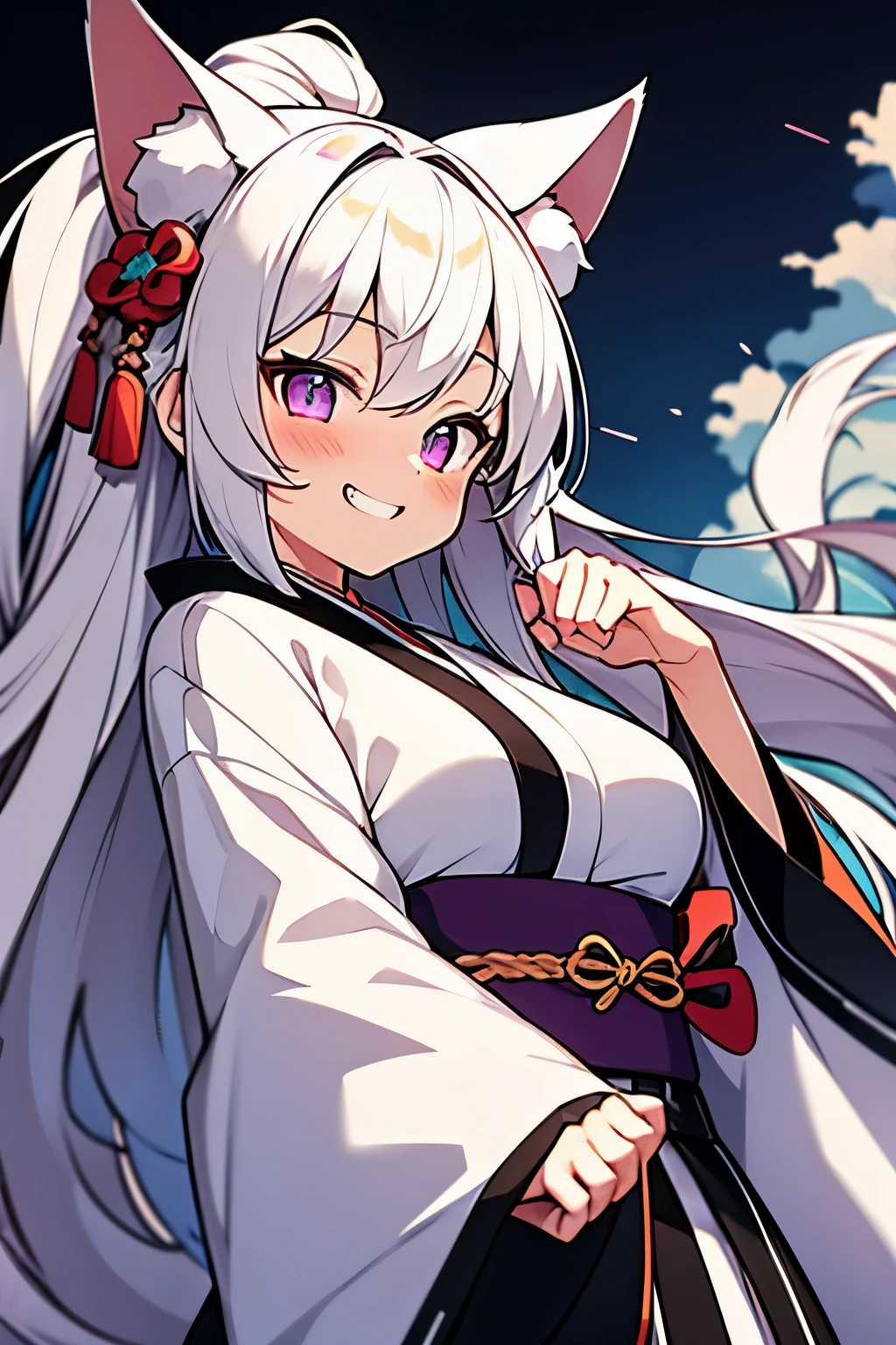 animal ears, 1girl,huge breast,dynamic angle,dutch angle, 
japanese clothes, white hair, kimono,  long hair, fox ears, fang, purple eyes,wide sleeves, bangs, long sleeves, blush, sleeves past wrists,  solo, sash, very long hair, looking at viewer, hagoromo, 

 cloud, shawl, white kimono, obi,
(fighting stance:1.2),fire, 
grin,happy,itako_v1,
