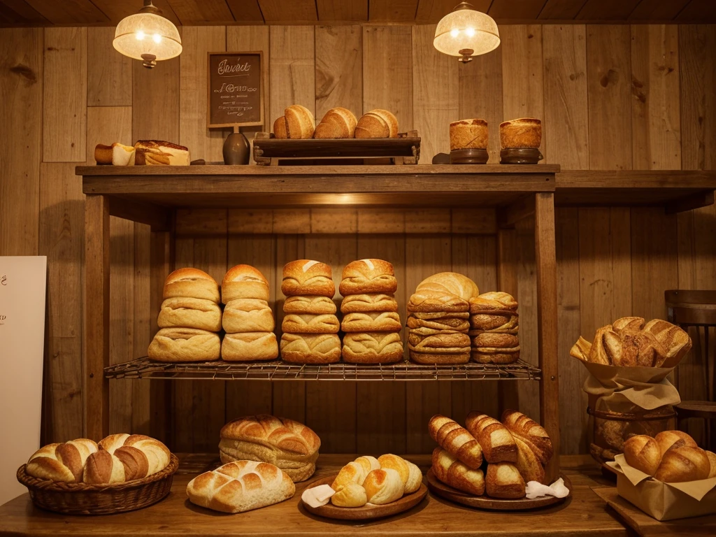 a variety of freshly baked bread and pastries, including baguettes, rolls, and sliced bread, displayed on a wooden countertop. Each loaf of bread is beautifully golden and crusty, with soft and fluffy interiors. The aroma of yeast and warm dough fills the air, inviting you to indulge in these delectable treats. The assortment also includes mouth-watering pastries like croissants, Danish pastries, and muffins, each with their own inviting fillings and delicate flaky layers. The bread is accompanied by ears of corn, adding a touch of vibrant color and natural sweetness to the scene. The arrangement is carefully crafted, with each bakery item placed thoughtfully to create an appealing visual composition. The lighting casts a warm glow, highlighting the texture and details of the bread and pastries. The colors are inviting and rustic, with earthy browns and golden hues dominating the palette. The overall atmosphere exudes warmth, comfort, and the simple pleasure of enjoying freshly baked goods. This prompt is of the best quality, ensuring ultra-detailed and realistic depictions of the bread, pastries, and their textures. The art style is reminiscent of food photography, with realistic and vibrant colors that make the treats come alive. The emphasis is on high-resolution imagery, showcasing the fine details and craftsmanship that goes into each loaf of bread and pastry. The prompt captures the essence of a bakery, enticing viewers with its delicious offerings and creating a sense of warmth and coziness.
