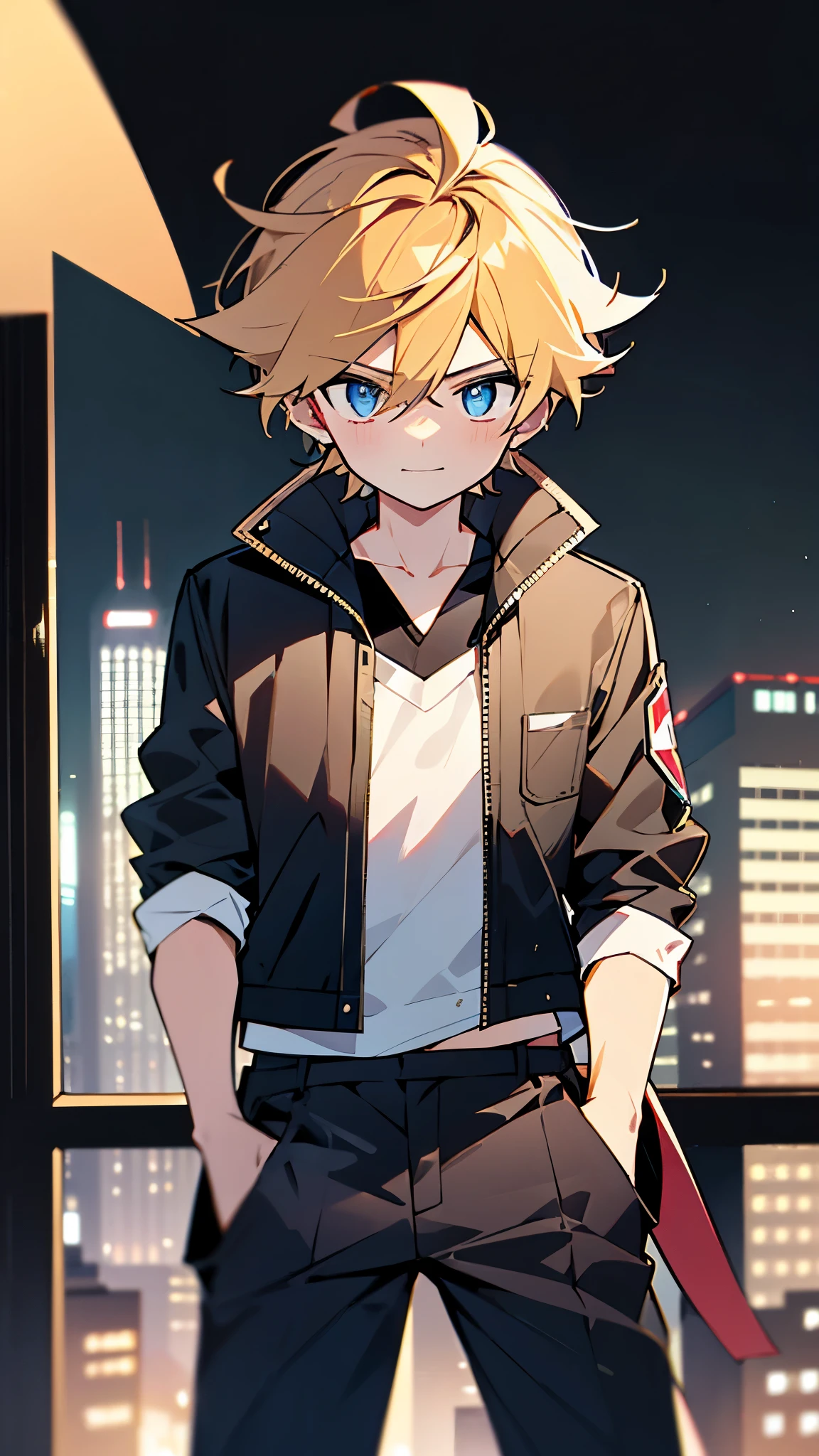 highres,wallpaper,solo,,1 boy,original,illustration,blue eyes,yellow hair,masterpiece,male,male focus,boy, ((masterpiece)),(((best quality))), (high-quality, breathtaking), (expressive eyes, perfect face), 1boy, solo, male, short,, on top of building, night sky, dark, buildings, wear short shorts, smirk,shorts:1.3,black silky transparent shirt:1.1,bulge,black power ranger:1.3,sentai,black ranger, all black outfits:1.1,erect under pants,silky shirt :1.1