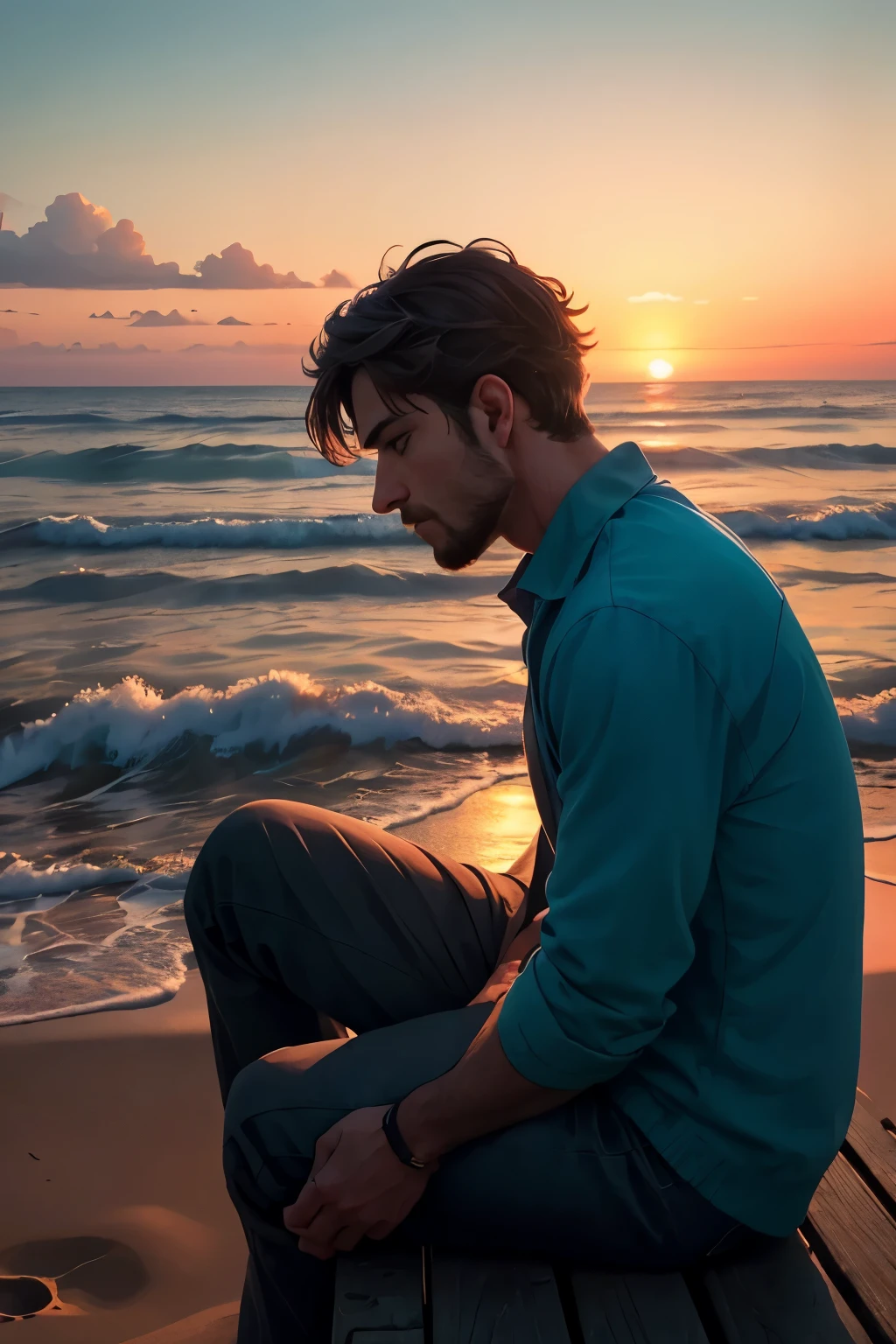 A man sits by the sea, gazing at the mesmerizing sunset. The warm hues of the sinking sun blend with the tranquil teal sky, casting a soft pink glow upon the wispy clouds. The waves of the teal ocean glisten like diamonds, as if reflecting the gentle pink roses that dot the shoreline. In the backdrop, the man's silhouette is bathed in the fading light, amplifying the poignant emotions of solitude and introspection that engulf him. The scene is captured with masterful artistry, employing the highest quality, highly detailed 8K texture to render every minute aspect with impeccable realism. The cinematic lighting adds a touch of drama, enhancing the depth and capturing the essence of the moment. This award-winning photograph, taken with