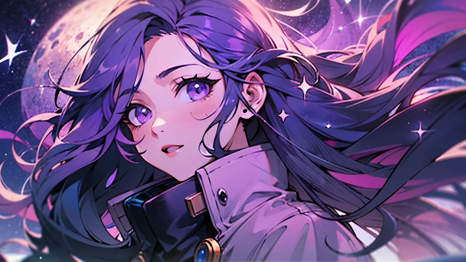 sea，night，Star，purple long hair，purple eyes，Purple coat，8K resolution，earphone，