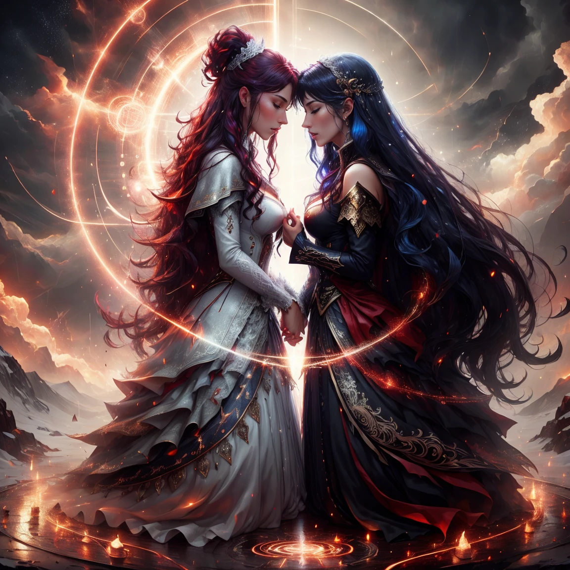 Masterpiece,bestquality,flat colour,night, 2girl,wearing elaborate magical suit,sexy suit,perfect face,perfect body,full body,closed eyes,COLORED HAIR,LONG HAIR,Curly hair,BREAK,looking each other,face to face,talking,look focus,BREAK,magic circle on the ground, with thunder,thunder arround them BREAK,they are on the top of a mountaine pic,snow,there is a tempest in the background