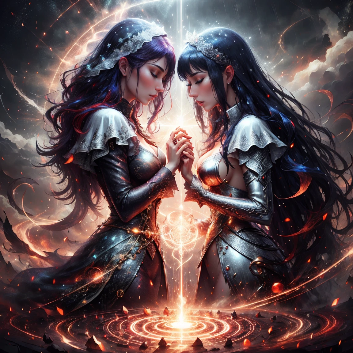 Masterpiece,bestquality,flat colour,night, 2girl,wearing elaborate magical suit,sexy suit,perfect face,perfect body,full body,closed eyes,COLORED HAIR,LONG HAIR,Curly hair,BREAK,looking each other,face to face,talking,look focus,BREAK,magic circle on the ground, with thunder,thunder arround them BREAK,they are on the top of a mountaine pic,snow,there is a tempest in the background