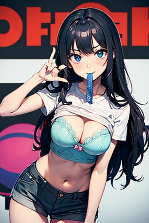 1girl, large breasts,clothes in mouth, cleavage, navel, t-shirt, ((bra)),clothes lift, shirt in mouth, black hair, blue eyes
