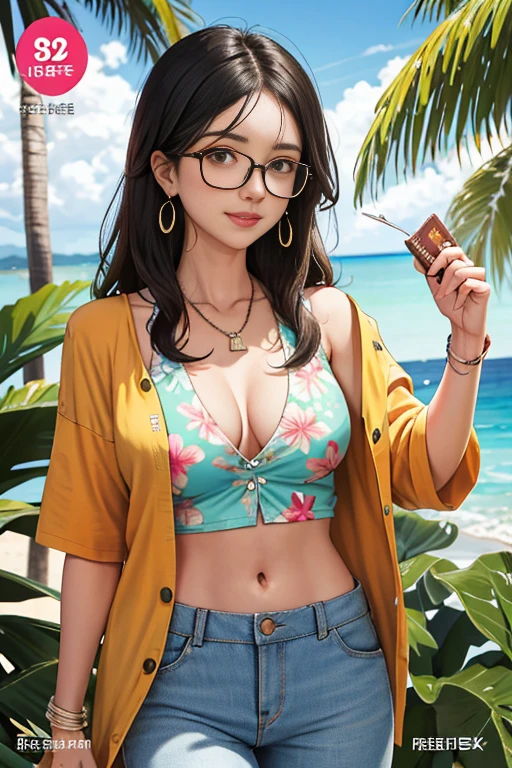 Collie dog magazine cover with Hawaiian floral style open unbuttoned t-shirt, wearing seed necklace around neck, wearing 3-glasses art fold, melhor qualidade, , ar livre,
