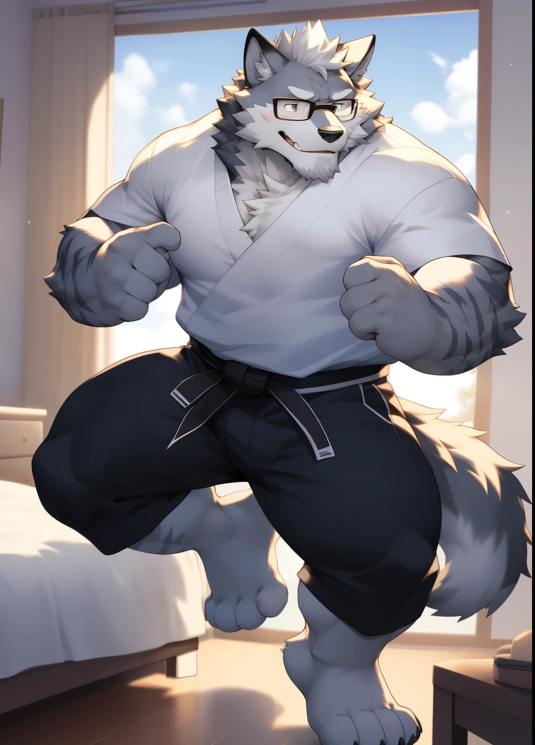 hairy,((Wolf,Long sleeve karate gi,white socks)),white fur,male,Common,full body picture((极其lifelike阴影,masterpiece,Very detailed,lifelike)), ((Cat)),dynamic poses,in the bedroom,Black-rimmed glasses,smirk,The action of wearing a belt,window location,side,night((极其lifelike背景,masterpiece,Very detailed,lifelike)),穿着white socks