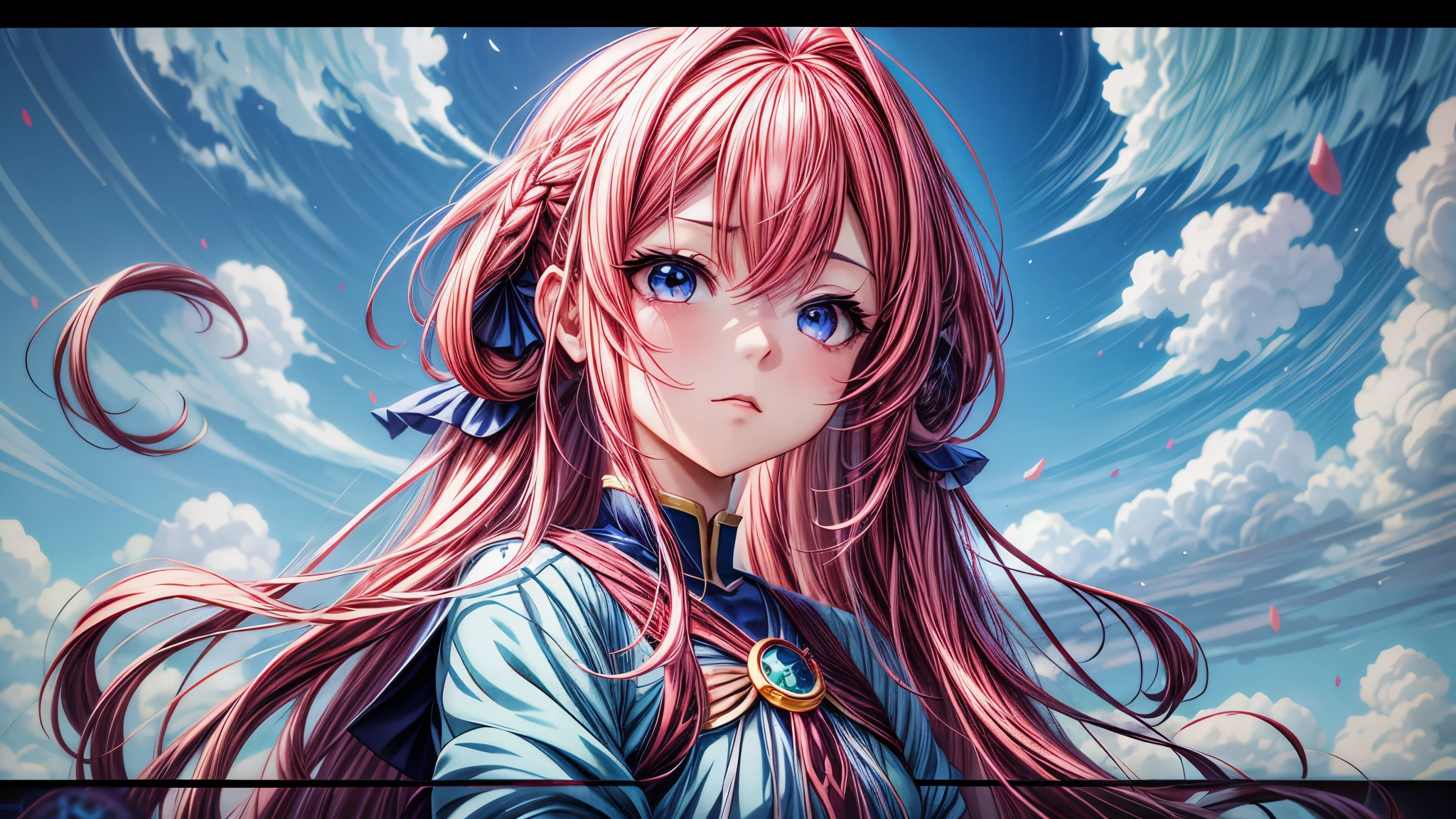 Chica anime con cabello rosado y ojos azules con un vestido azul., retrato, caballeros del zodiaco, little girl, detailed arte animado digital, hermoso retrato animado, anime girl with cosmic hair, Cabello rosado y ojos cian., estilo anime 4k, arte animado digital, anime fantasy illustrations, anime fantasy illustration., retrato chica anime, anime in fantasy style, arte detallado del personaje de anime