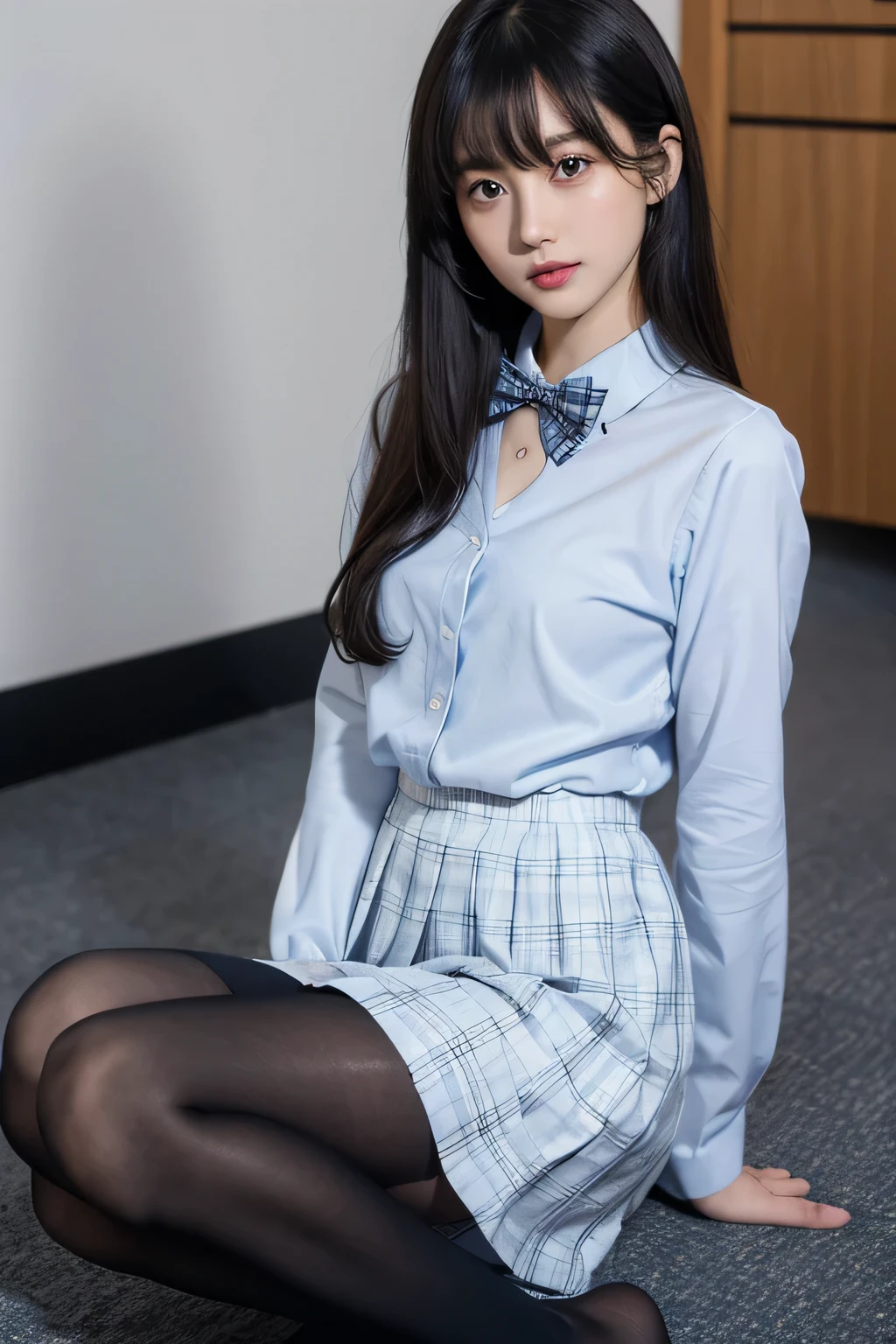 absurdres, RAW photo, extremely delicate and beautiful, masterpiece, Best Quality, ultra high resolution, 32k, hyperrealistic, ultra-detailed, perfect figure, in her 20s, very small head, very small face, delicate facial features, tearful mole, earring, very huge breasts, bare legs, full body shot, medium hair, black hair, colored inner hair, ((school_uniform)),