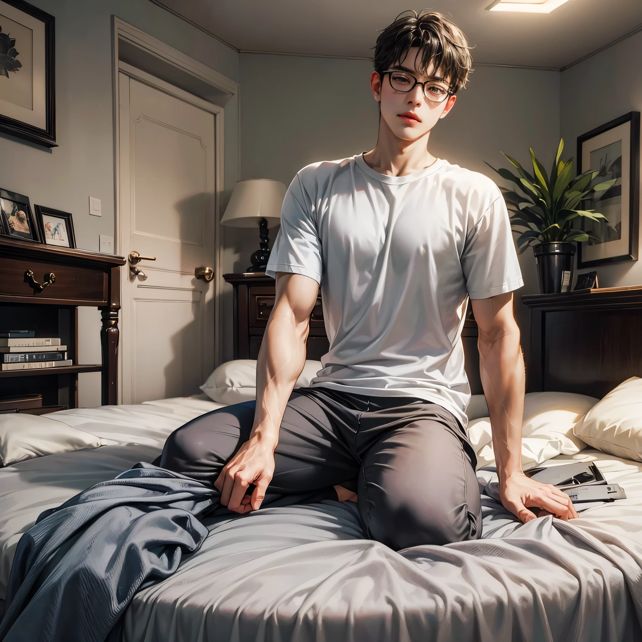 Best quality, masterpiece, HDR, ultra full HD, (ultra detailed), a man solo, home style, glasses, anime eyes, wearing a gray t-shirt, bedroom setup, cute, Sitting on the bed
