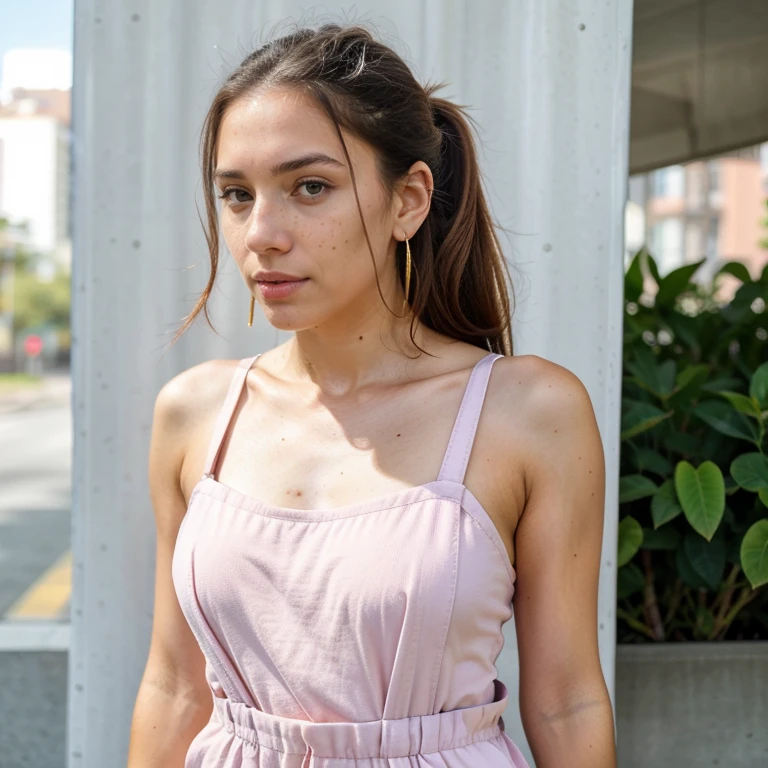 23-year-old hyper-realistic Latin girl with freckles, mood selfie for instagram, Ultra Definition, (photoreallistic: 1.4), 8k, calidad premier, fondos detallados, cara delicada, maquillaje natural, foto raw, iphone, HDR, Coqueteando con el espectador, long ponytail, pink overalls, studs, sneakers, detailed skin, medium shot, upper body, golden earrings, detailed background