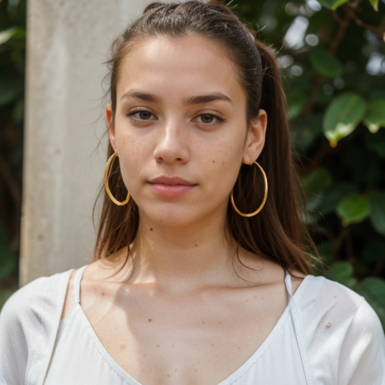23-year-old hyper-realistic Latin girl with freckles, mood selfie for instagram, Ultra Definition, (photoreallistic: 1.4), 8k, calidad premier, fondos detallados, cara delicada, maquillaje natural, foto raw, iphone, HDR, Coqueteando con el espectador, long ponytail, pink overalls, studs, sneakers, detailed skin, medium shot, upper body, golden earrings, detailed background