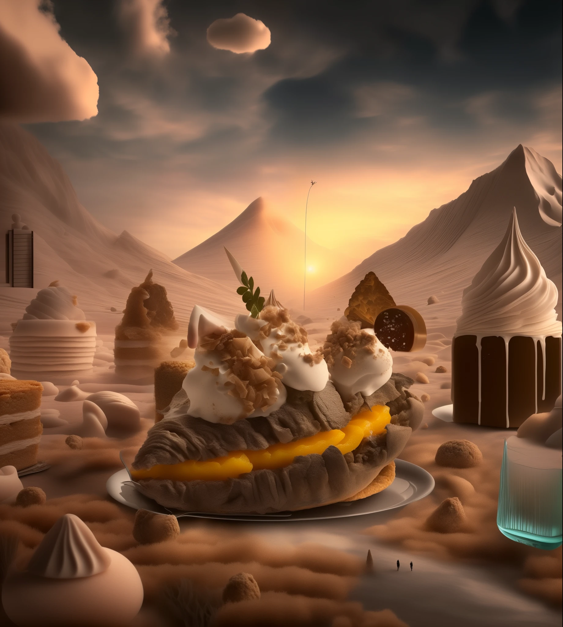 There is a picture of a dessert，There are a lot of ingredients in it, food 4k, Super realistic food pictures, Amazing food illustrations, Jean Sebastian Rose, fantasy food, Super real fantasy landscape, Inspired by Jacek Yerka, 3D epic illustration, Surrealism + Very detailed, Inspired by Jolis van der Hagen, Inspired by Mike Winkelmann