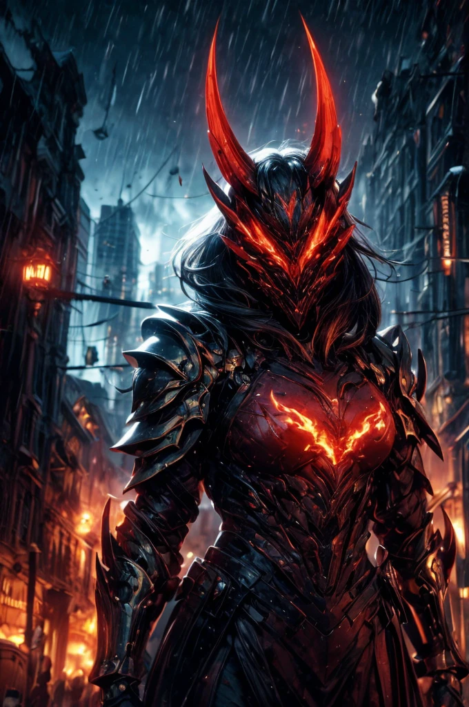 Perfect masterpiece, (Masterpiece:1.2), Best quality, high resolution, Beautiful detailed, Extremely detailed, Perfect lighting, high quality, high resolution, highest image quality, 8k hd. 
1guy. 
blood red and blue hair, Faceless, yellow eyes, glowing eyes, demon horns, long horns. 
Elegant. 
blood red and black uniform, battle armor, heavy metal, Energy lines, masks.
Night, flames on the background, dark clouds, thunderstorm, heavy rain. 
Dramatic lighting.
Highly detailed background.
