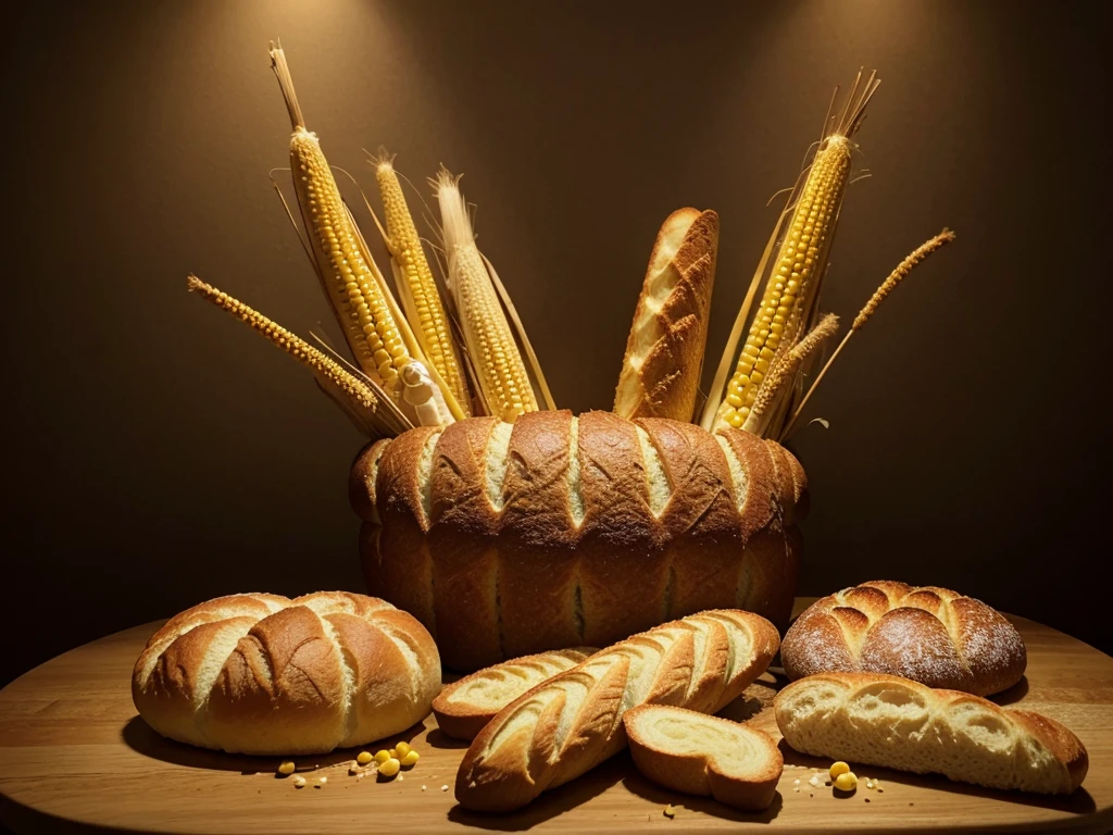 bread, various types of bread, rolls, baguettes, ears of corn,(best quality,4k,8k,highres,masterpiece:1.2),ultra-detailed,physically-based rendering,professional,vivid colors,sharp focus,studio lighting,delicious aroma,[loaf of bread],[crusty baguette],[freshly baked rolls],[golden brown crusts],[colorful variety of bread],[perfectly baked breads],[soft and fluffy texture],[artfully arranged bread display],[earthy tones of corn kernels],[kernels bursting with flavor],[freshly harvested corn],[mouthwatering bread selection]