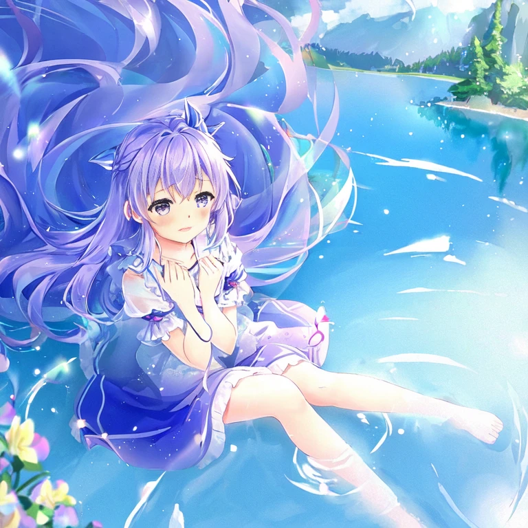 (eye to each other watch:1.1)，more tears falling down，，cry to river，（2girls:1.1），kirisame_marisa wa cirno，Purple iris hair accessories，Background next to clear Lake Baikal、The river water is clear and transparent、There are ripples on the water surface