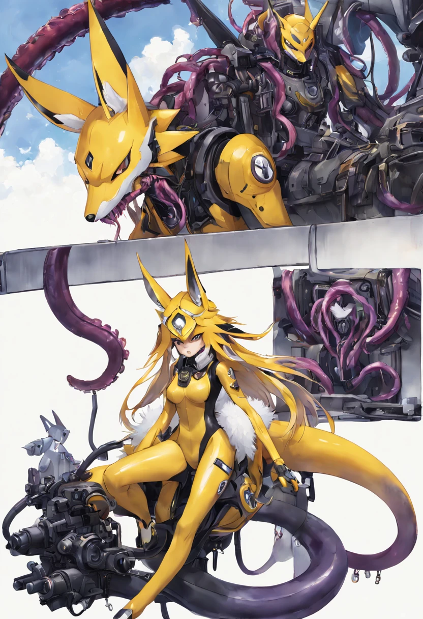 4K，real，realistic，near future，NSFW，Renamon and the giant battle mecha，The pilot is inside a giant battle mech.，Pilot details(full body concept art，Renamon is the pilot，Height: 160cm，The pilot is in front of a giant battle mech.，The pilot is wearing a Renamon-type Asuka suit.，face:Renamon type full face helmet，tentacle cockpitに跨がる，attached to tentacles，fuck pussy with tentacles，Renamon type full body suit is sticky and glossy with mucus.，A fluffy fox tail is growing，evil depravity，carnage)，Details of the giant battle mecha(full body concept art，Humanoid，Looks like a fusion of Renamon and a dragon，symbiote，evil depravity，Height 40 meters，It has a fluffy tail.，fox ears，standing behind the pilot)，tentacle cockpit，Inside the cockpit(The cockpit is covered in tentacles，there is a pilot，sitting in a tentacle-shaped cockpit)