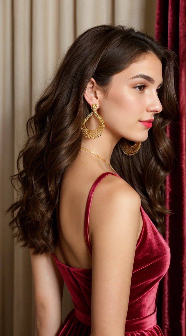 A left profile of a 20y.o. woman with shoulder-length wavy brown hair, subtle makeup featuring pink lip gloss, and a black dress with thin straps stands elegantly against a backdrop of draped red velvet curtains. Her pose is graceful, and she is accessorized with simple yet elegant gold hoop earrings.nice hands, perfect hands