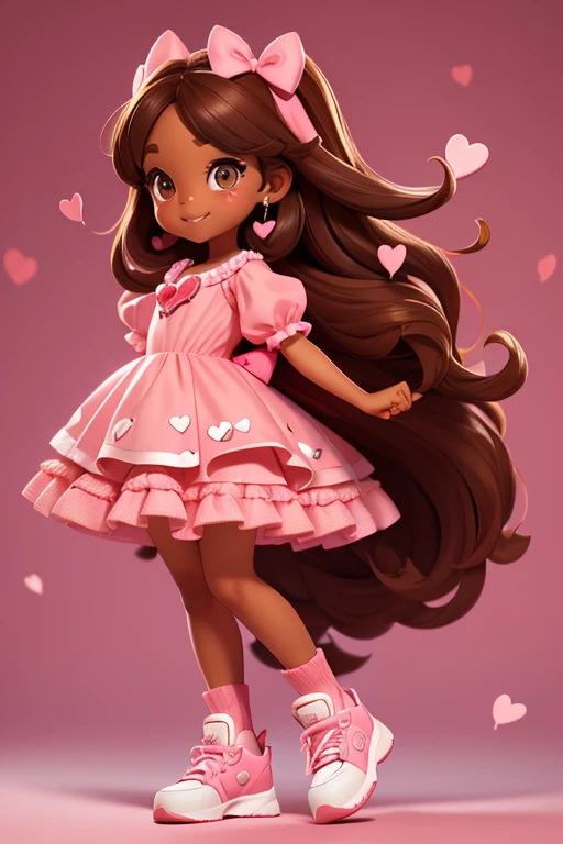 Brown skinned girl, with long brown hair, in pink dress decorated with hearts, holding a heart bow, pink with pink heart crown, with red sneakers