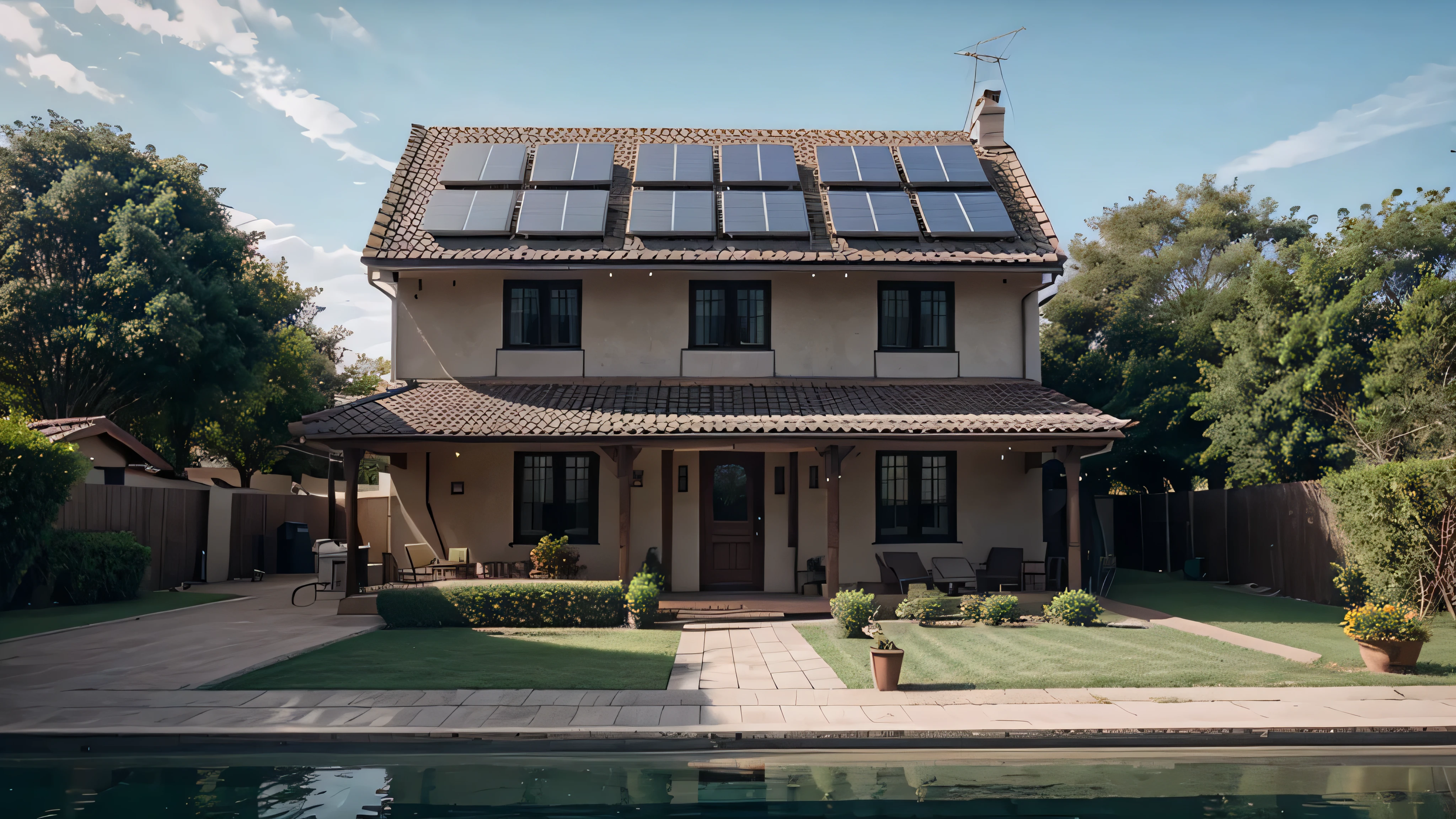 house using solar panel, quality cinematic
