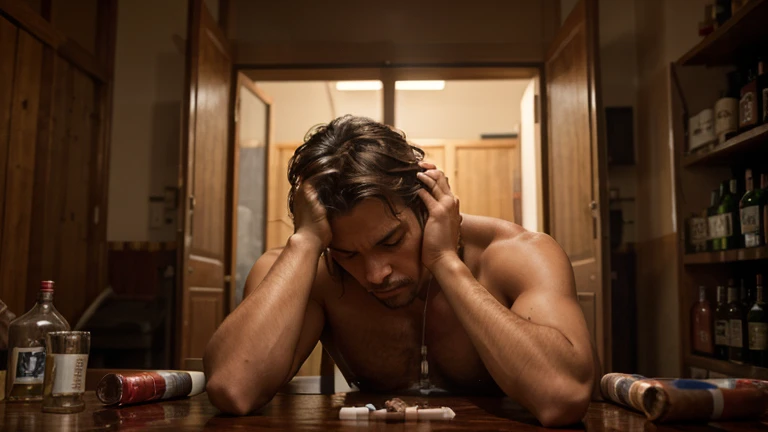 Create an image that conveys spiritual strength and the healing journey of overcoming addictions, show an image of a bottle of alcohol, cigarettes and censored pornography, a man with his hands on his head in despair