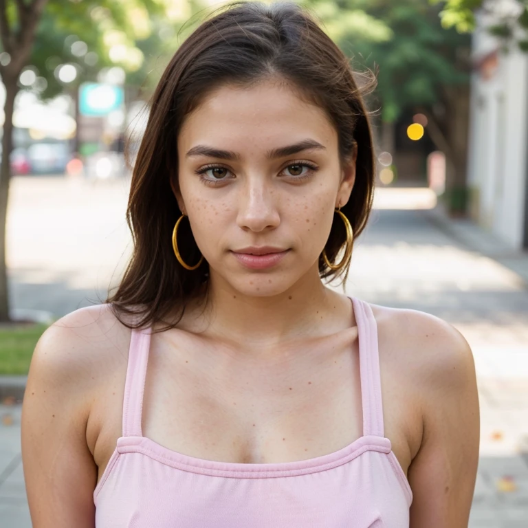 23-year-old hyper-realistic Latin girl with freckles, mood selfie for instagram, Ultra Definition, (photoreallistic: 1.4), 8k, calidad premier, fondos detallados, cara delicada, maquillaje natural, foto raw, iphone, HDR, Coqueteando con el espectador, long ponytail, pink overalls, studs, sneakers, detailed skin, medium shot, upper body, golden earrings, detailed background