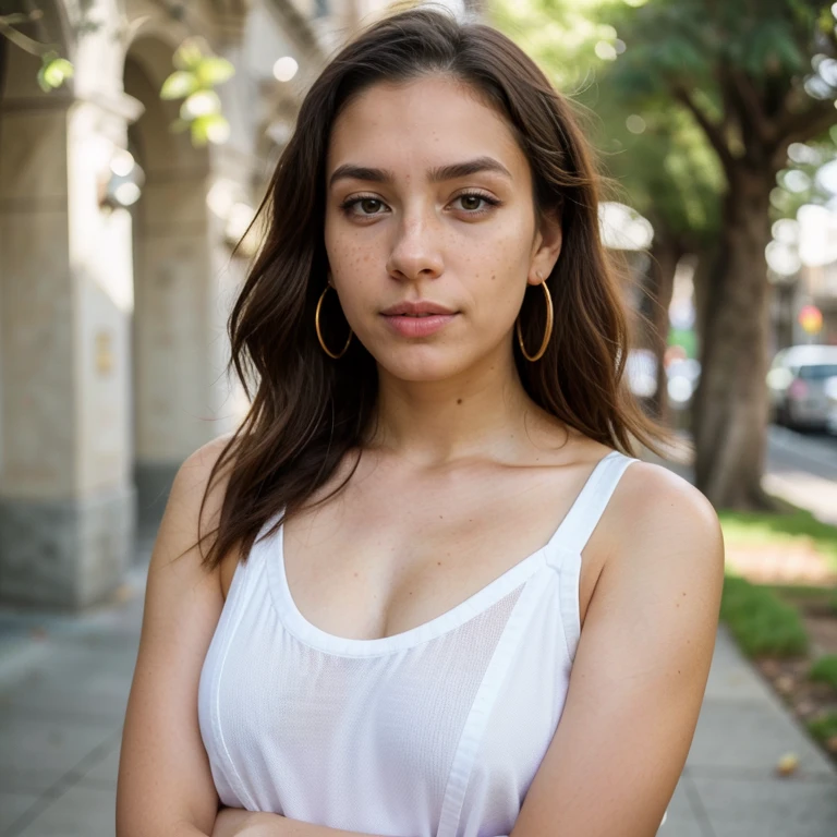 23-year-old hyper-realistic Latin girl with freckles, mood selfie for instagram, Ultra Definition, (photoreallistic: 1.4), 8k, calidad premier, fondos detallados, cara delicada, maquillaje natural, foto raw, iphone, HDR, Coqueteando con el espectador, pink overalls, studs, sneakers, detailed skin, medium shot, upper body, golden earrings, detailed background