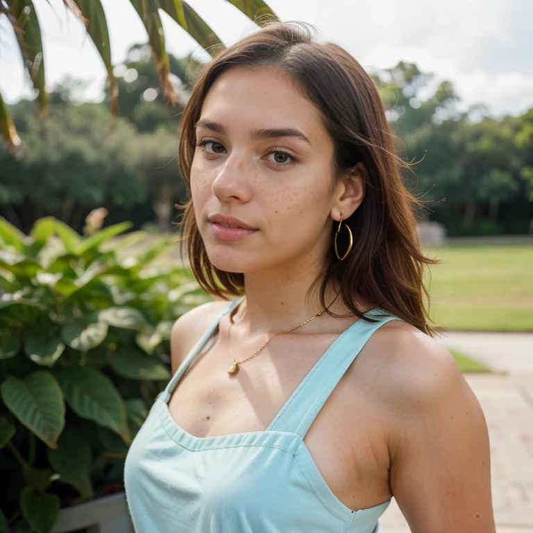 23-year-old hyper-realistic Latin girl with freckles, mood selfie for instagram, Ultra Definition, (photoreallistic: 1.4), 8k, calidad premier, fondos detallados, cara delicada, maquillaje natural, foto raw, iphone, HDR, Coqueteando con el espectador, pink overalls, studs, sneakers, detailed skin, medium shot, upper body, golden earrings, detailed background
