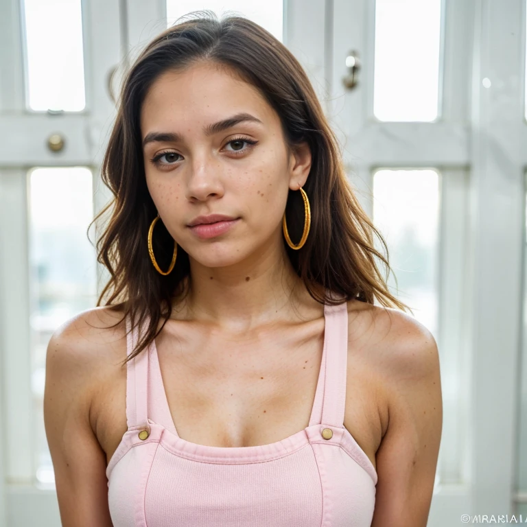 23-year-old hyper-realistic Latin girl with freckles, mood selfie for instagram, Ultra Definition, (photoreallistic: 1.4), 8k, calidad premier, fondos detallados, cara delicada, maquillaje natural, foto raw, iphone, HDR, Coqueteando con el espectador, long ponytail, pink overalls, studs, sneakers, detailed skin, medium shot, upper body, golden earrings, detailed background