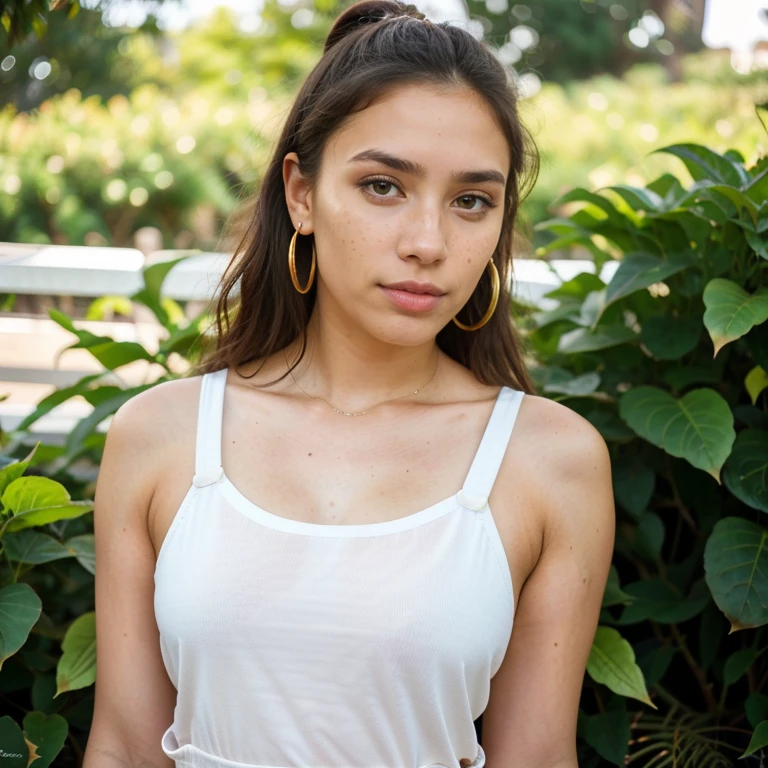 23-year-old hyper-realistic Latin girl with freckles, mood selfie for instagram, Ultra Definition, (photoreallistic: 1.4), 8k, calidad premier, fondos detallados, cara delicada, maquillaje natural, foto raw, iphone, HDR, Coqueteando con el espectador, pink overalls, studs, sneakers, detailed skin, medium shot, upper body, golden earrings, detailed background