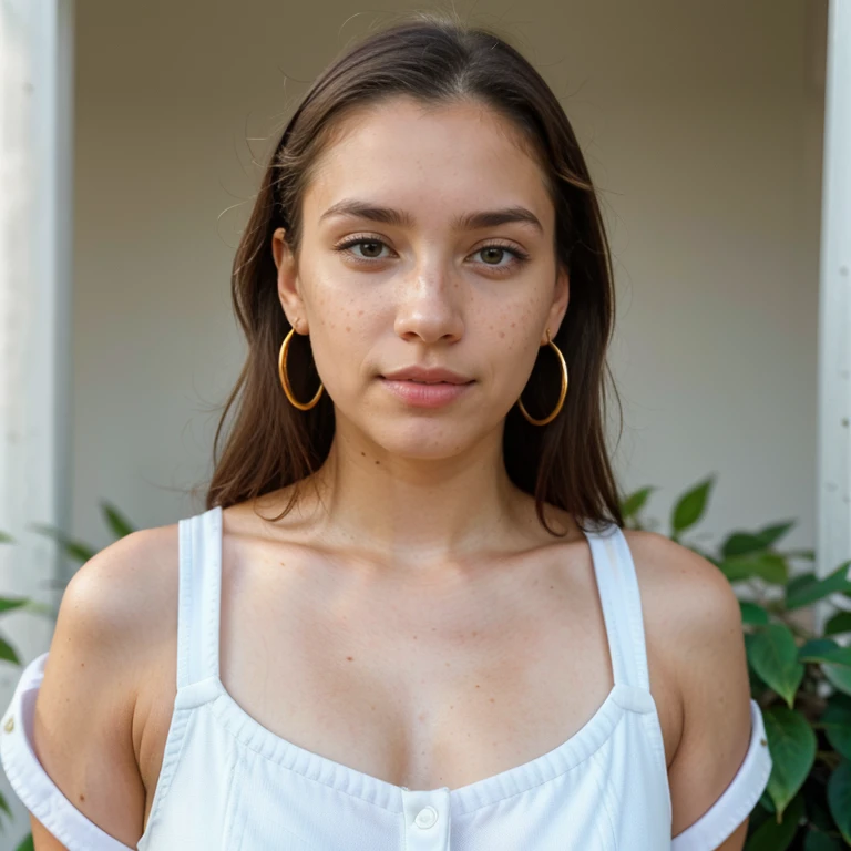 23-year-old hyper-realistic Latin girl with freckles, mood selfie for instagram, Ultra Definition, (photoreallistic: 1.4), 8k, calidad premier, fondos detallados, cara delicada, maquillaje natural, foto raw, iphone, HDR, Coqueteando con el espectador, pink overalls, studs, sneakers, detailed skin, medium shot, upper body, golden earrings, detailed background