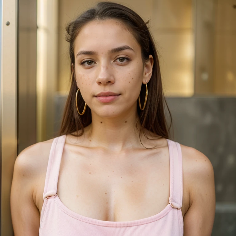 23-year-old hyper-realistic Latin girl with freckles, mood selfie for instagram, Ultra Definition, (photoreallistic: 1.4), 8k, calidad premier, fondos detallados, cara delicada, maquillaje natural, foto raw, iphone, HDR, Coqueteando con el espectador, pink overalls, studs, sneakers, detailed skin, medium shot, upper body, golden earrings, detailed background