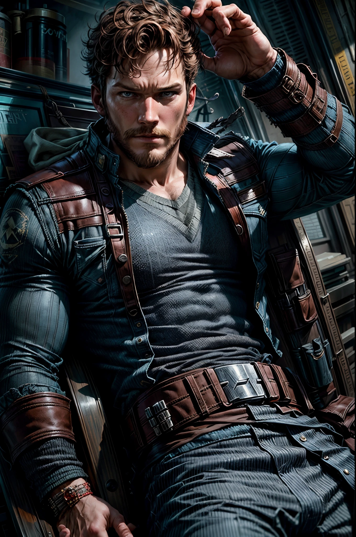 Actor "Chris Pratt", Con traje de "StarLord" de Marvel, Con barba y bigote, mostrando solo el rostro, Estilo de Greg Rutkowski, Maximum quality and maximum details.