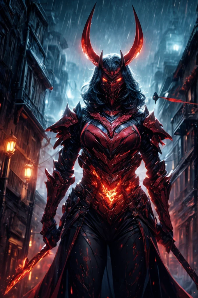 Perfect masterpiece, (Masterpiece:1.2), Best quality, high resolution, Beautiful detailed, Extremely detailed, Perfect lighting, high quality, high resolution, highest image quality, 8k hd. 
1guy. 
blood red and blue hair, Faceless, yellow eyes, glowing eyes, demon horns, long horns. 
Elegant. 
blood red and black uniform, battle armor, heavy metal, Energy lines, masks.
Night, flames on the background, dark clouds, thunderstorm, heavy rain. 
Dramatic lighting.
Highly detailed background.
