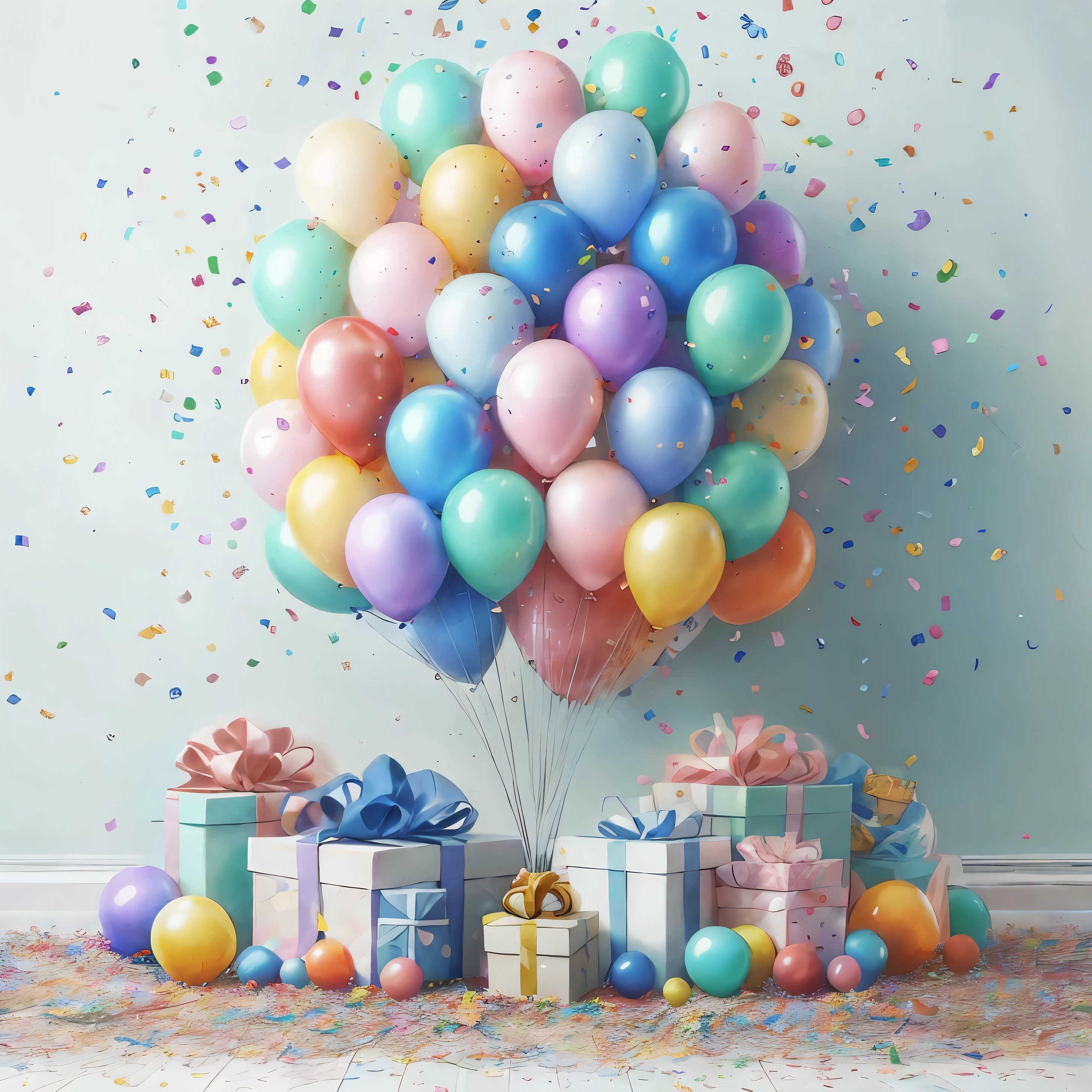 balloons and presents are in a room with confetti, party balloons, birthday wrapped presents, balloons, gifts, happy birthday, baloons, lighthearted celebration, birthday party, celebrating a birthday, presents, happy!!!, shutterstock, holiday season, balloon, very very happy!, istock, hight decorated, birthday, celebration, party atmosphere, grand!, pastel overflow