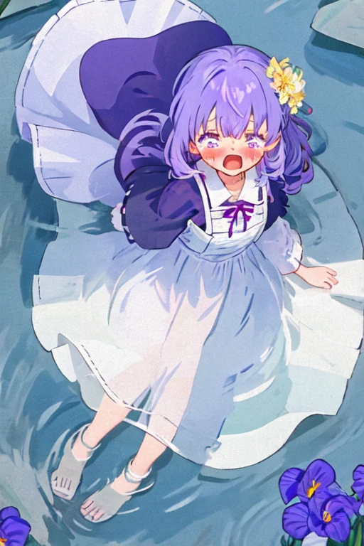 (eye to each other watch:1.1)，more tears falling down，，cry to river，（2girls:1.1），kirisame_marisa wa cirno，Purple iris hair accessories，Background next to clear Lake Baikal、The river water is clear and transparent、There are ripples on the water surface