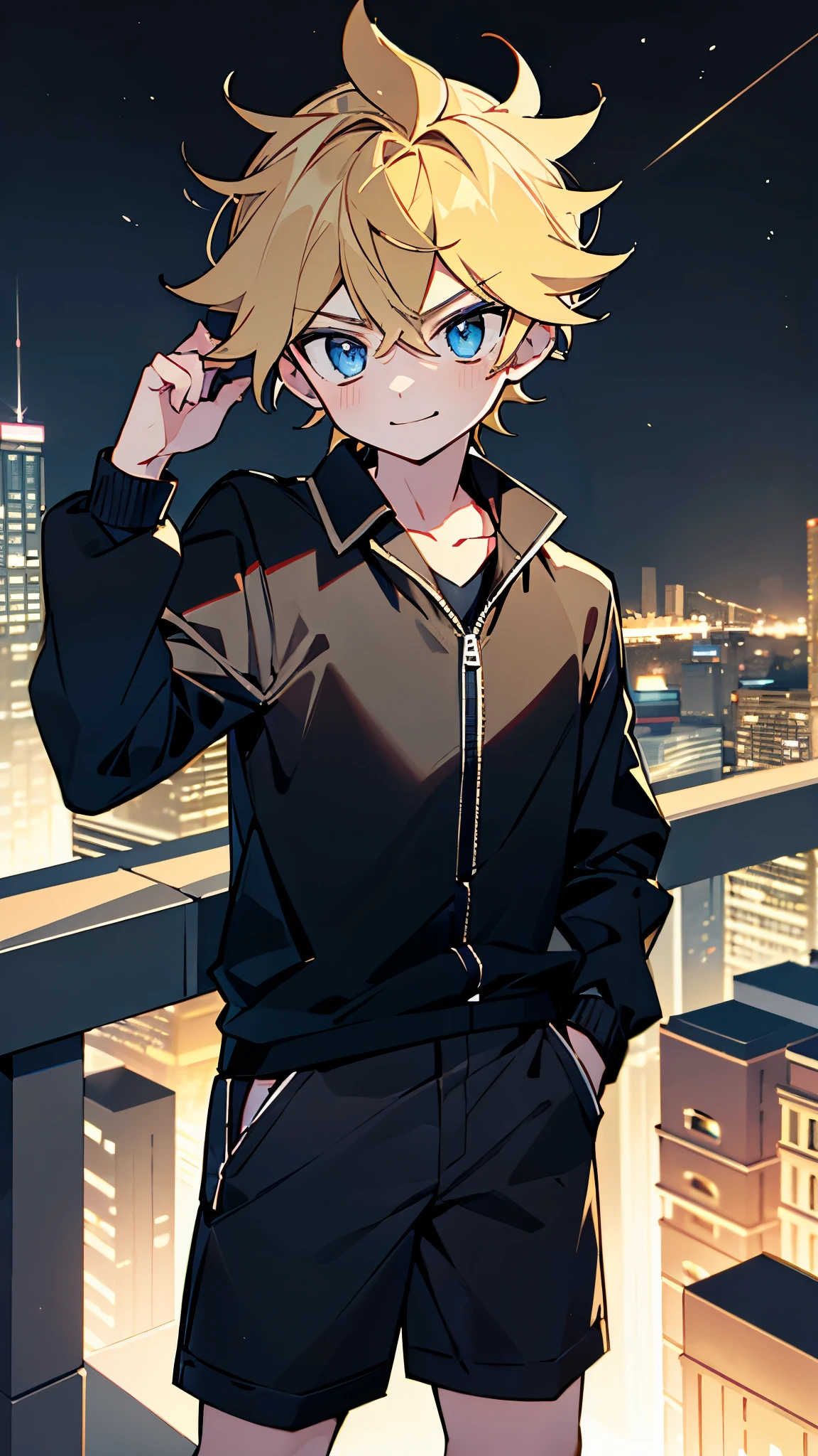 highres,wallpaper,solo,little boy,1 boy,original,illustration,blue eyes,yellow hair,masterpiece,male,male focus,boy, ((masterpiece)),(((best quality))), (high-quality, breathtaking), (expressive eyes, perfect face), 1boy, solo, male, short,, on top of building, night sky, dark, buildings, wear short shorts, smirk,shorts:1.3,(black school uniform:1.3),bulge:1.2,black power ranger:1.3,sentai,black ranger, all black outfits:1.1,erect under pants,silky shirt :1.1,male focus:1.3