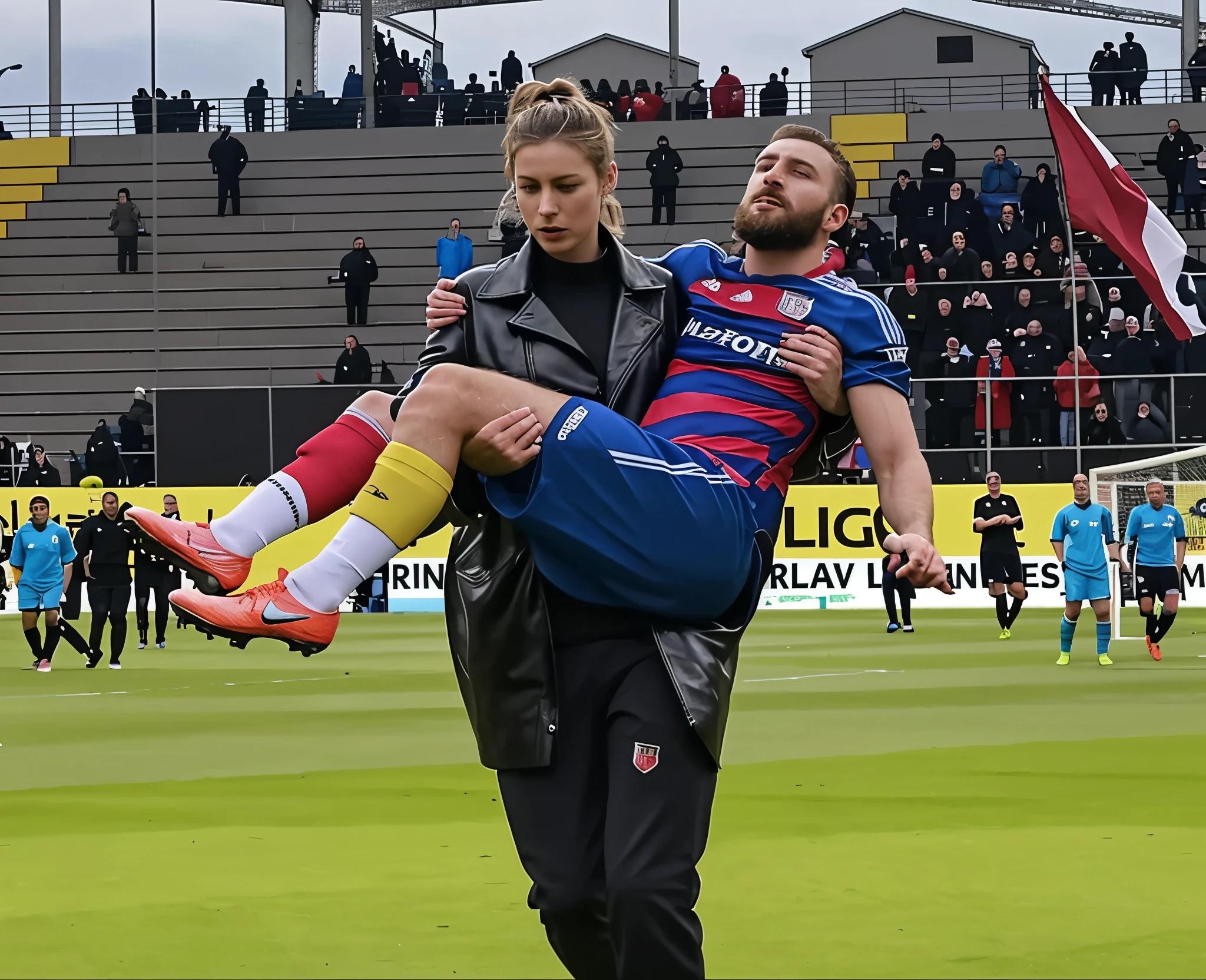 A big and beautiful woman carries the wounded man's body in her hands, Andrea grabs his legs and his body with her hands, the bearded man in Andrea's arms is visibly in pain, stadium atmosphere, the bearded man is lying consciousless in Andrea's arms with one arm hanging down, A scene at a soccer stadium, a bearded man lying in a caring women's arms, lying helpless in her arms with his head dangling down, he has one arm dangling down while being carried in the women's arms, There is an attractive and heavily made-up woman in a long black leather coat, A pretty woman in a shiny black leather coat on a soccer field, A wonderful woman is holding a passed out man, A man in matt and roughened sportswear is held diagonal in her arms, a man in a woman's arms and lets one arm dangling down, we see the man held in front of the woman's body, the man is cradled in the woman's arm while being carried, the beautiful woman is exceptionally heavily made up and has an extremely desperate and very angry expression on her face, high-resolution photo, realistic sports photo, soccer scene, woman in black shiny long leather coat, injury scene, real photo, ultra realistic, high definition, sports photography
