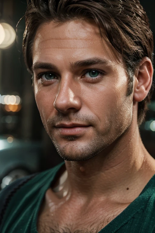 A fantastic, sensitive, sweet boyfriend. A forty year old. Rather handsome, charming man. A mechanic with beautiful detailed green eyes, beautiful detailed lips, extremely detailed eyes and face, long eyelashes, romantic atmosphere, studio lighting, photorealistic, bright colors, bokeh.