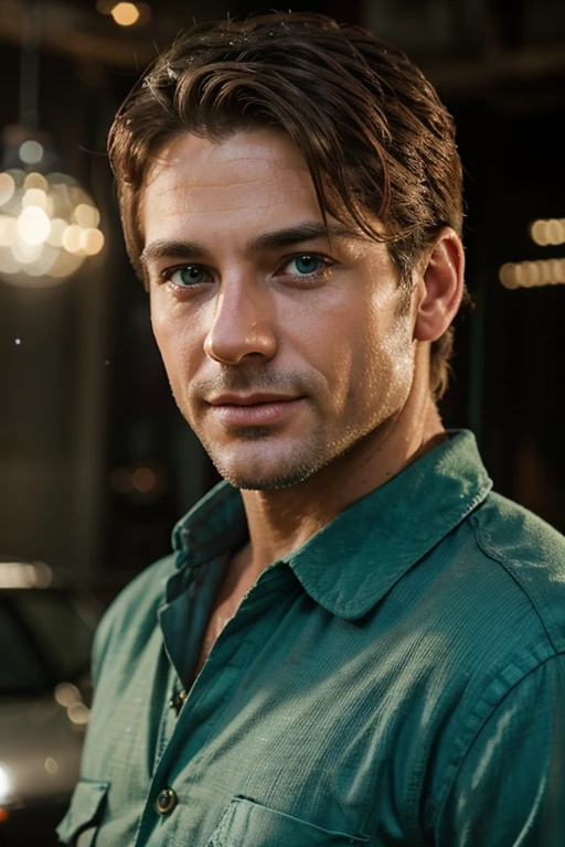 A fantastic, sensitive, sweet boyfriend. A forty year old. Rather handsome, charming man. A mechanic with beautiful detailed green eyes, beautiful detailed lips, extremely detailed eyes and face, long eyelashes, romantic atmosphere, studio lighting, photorealistic, bright colors, bokeh.